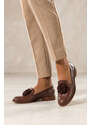 Brązowe mokasyny skórzane damskie półbuty płaskie z ozdobnym kwiatem na cholewce PRODUKT POLSKI Casu 8105
