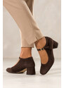 Czekoladowe czółenka skórzane damskie Mary Jane z paskiem na szerokim słupku PRODUKT POLSKI Casu 7063-648