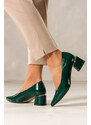 Zielone czółenka skórzane damskie lakierowane na szerokim ozdobnym obcasie PRODUKT POLSKI Casu 7979-371