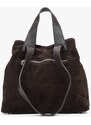 Estro: Ciemnobrązowa torebka typu shopper z włoskiego weluru naturalnego