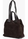 Estro: Ciemnobrązowa torebka typu shopper z włoskiego weluru naturalnego