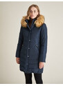 SAKI EVELYN 95 cm - Granatowy puchowy płaszcz z kapturem odpinanym na suwak i sztucznym kołnierzem