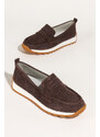 Czekoladowe mokasyny skórzane damskie ażurowe Sergio Leone na żłobionej platformie HK-990