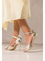 Złote sandały skórzane damskie szpilki z zakrytą piętą pasek wokół kostki ozdoba z kryształkiem kokarda PRODUKT POLSKI Casu 6196