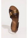 Czekoladowe sandały skórzane damskie na rzep elastyczna płaska podeszwa paski na krzyż z miedzianym wzorem PRODUKT POLSKI Casu 59858